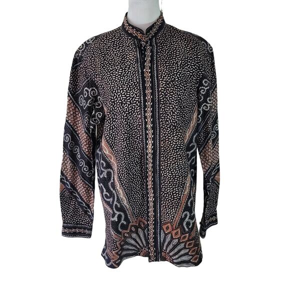 Lotus Size EST M	Mixed Pattern Long Sleeve Button Up Mandarin Collar Elegant - Picture 1 of 9